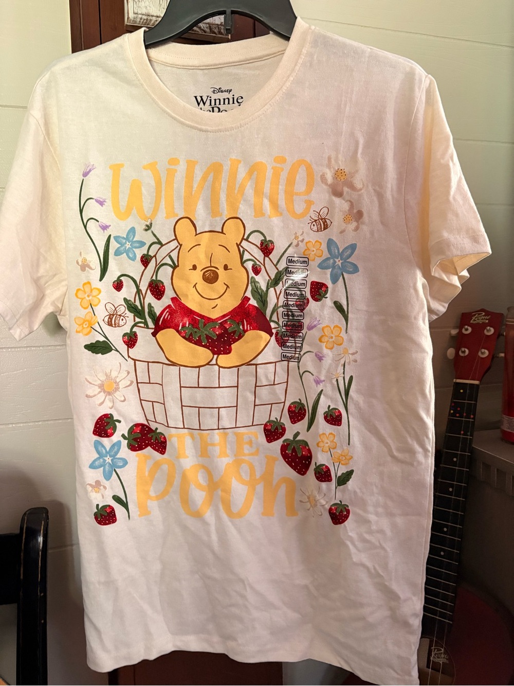 Disney Winnie the Pooh Strawberry Basket Tee - Cream, Yellow & Red Women’s M NWT